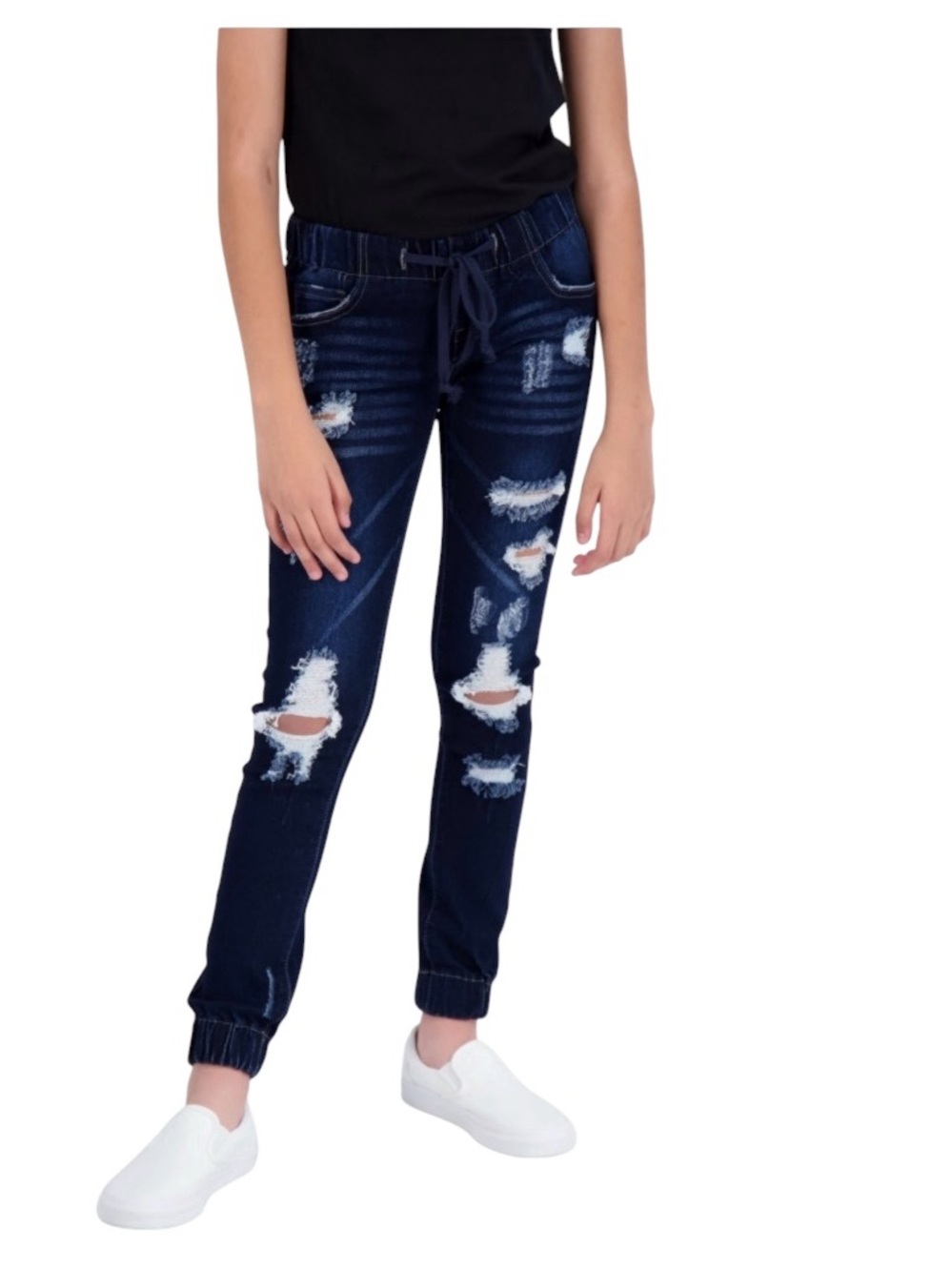 New Gogo Star Girl's Blue Elastic Waist Distressed Denim Joggers Size 10